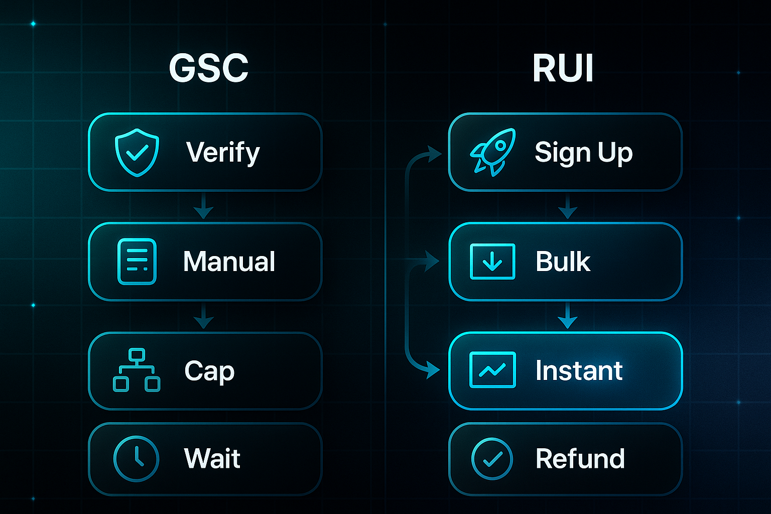 Infographic comparing Google Search Console and Rapid URL Indexer process flows with icons and labeled steps on a dark tech background