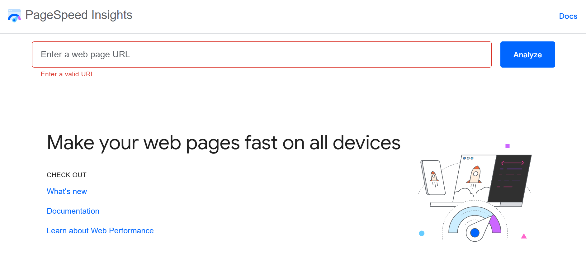 PageSpeed Insights homepage with URL input field and results preview