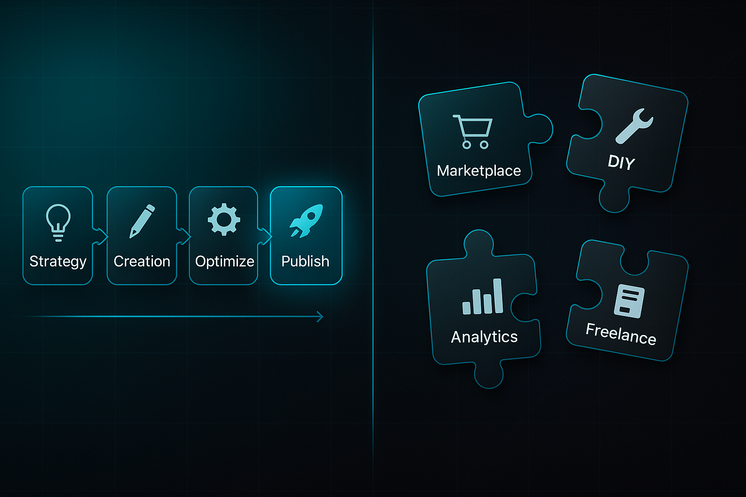 Infographic with a glowing assembly line labeled Strategy, Creation, Optimize, Publish, Update, and scattered puzzle pieces labeled Marketplace, DIY, Analytics, Freelance