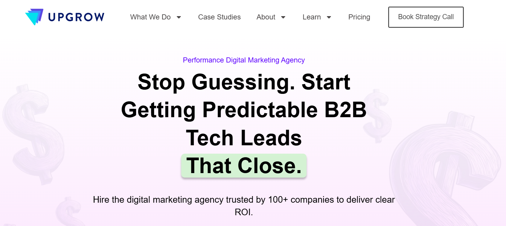 UpGrow Marketing Agency homepage hero section with team members collaborating