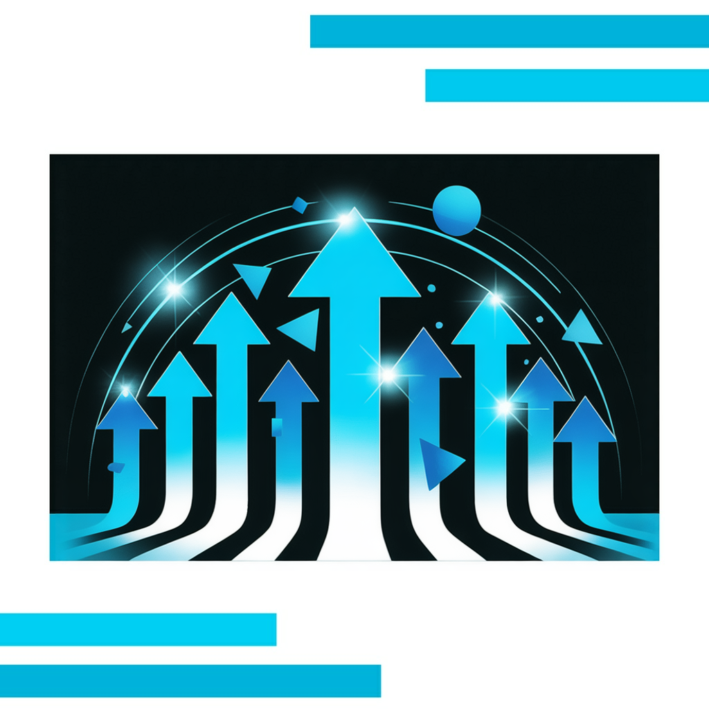 Nine vibrant blue arrows of varying sizes arc upward, surrounded by floating circles and triangles, suggesting motion and growth.