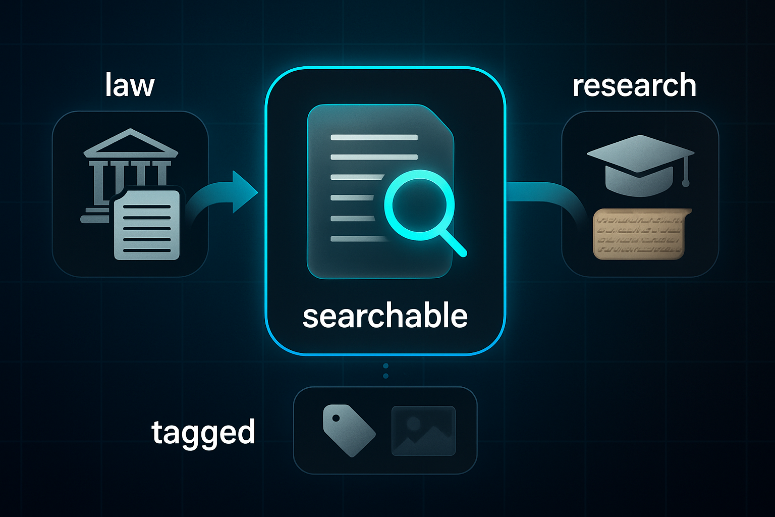 Infographic with central glass-effect document and magnifying glass labeled "searchable," linked to "law" and "research" icons, and a "tagged" box below.