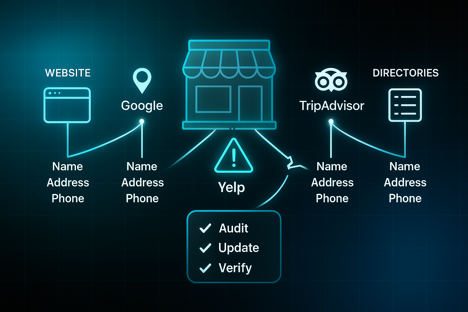 Infographic showing a restaurant storefront connected by labeled lines to website, Google, Yelp, TripAdvisor, and directories icons.