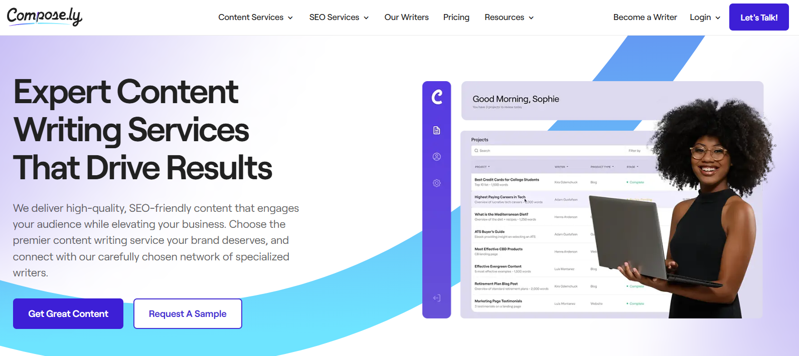 Compose.ly homepage hero section for expert content writing services