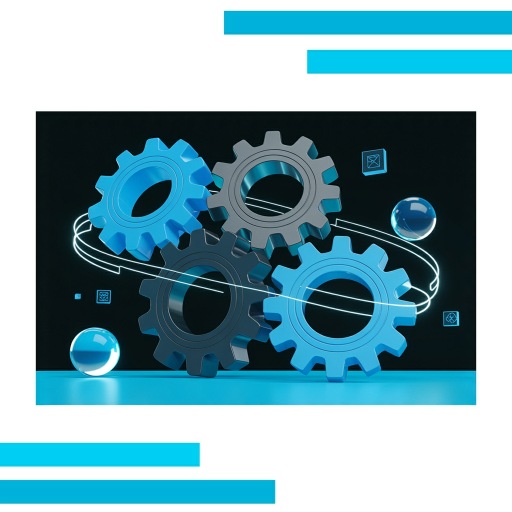 Interlocking blue and charcoal gears with glowing circuit lines, abstract waveforms, arrows, and floating spheres on white background
