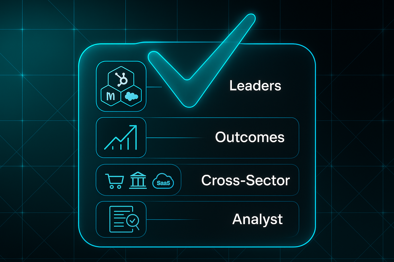Infographic with four checklist items and icons for Leaders, Outcomes, Cross-Sector, and Analyst on a dark tech-themed background.