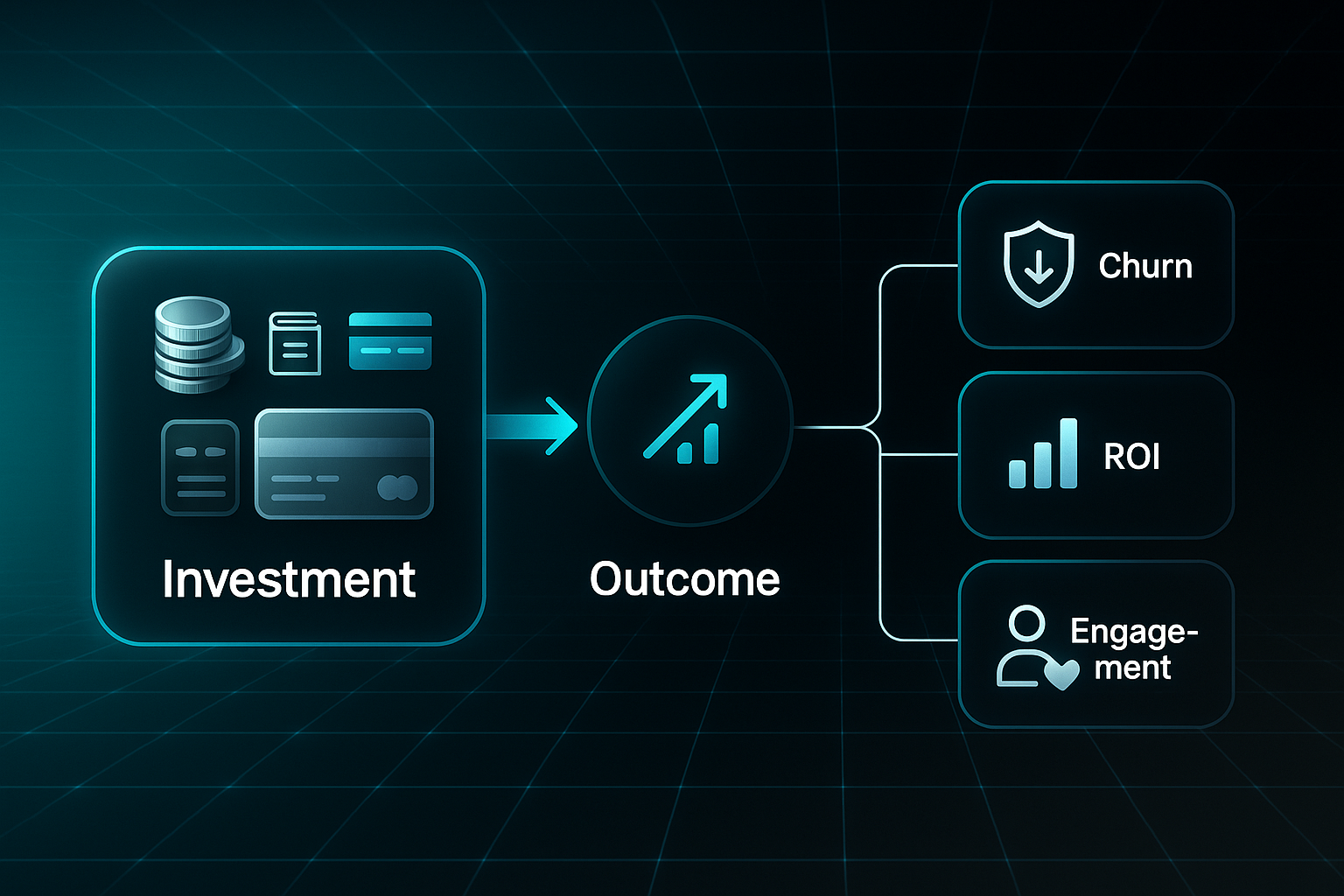 Futuristic infographic showing investment flow to outcomes: churn reduction, ROI uplift, and engagement gains.