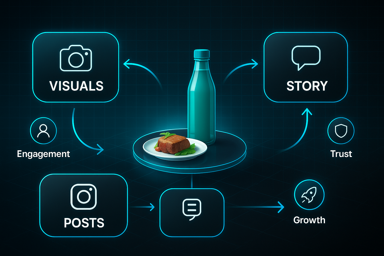 Futuristic infographic showing a sleek bottle and plated dish at center, with labeled icons for Visuals, Story, and Posts radiating outward.