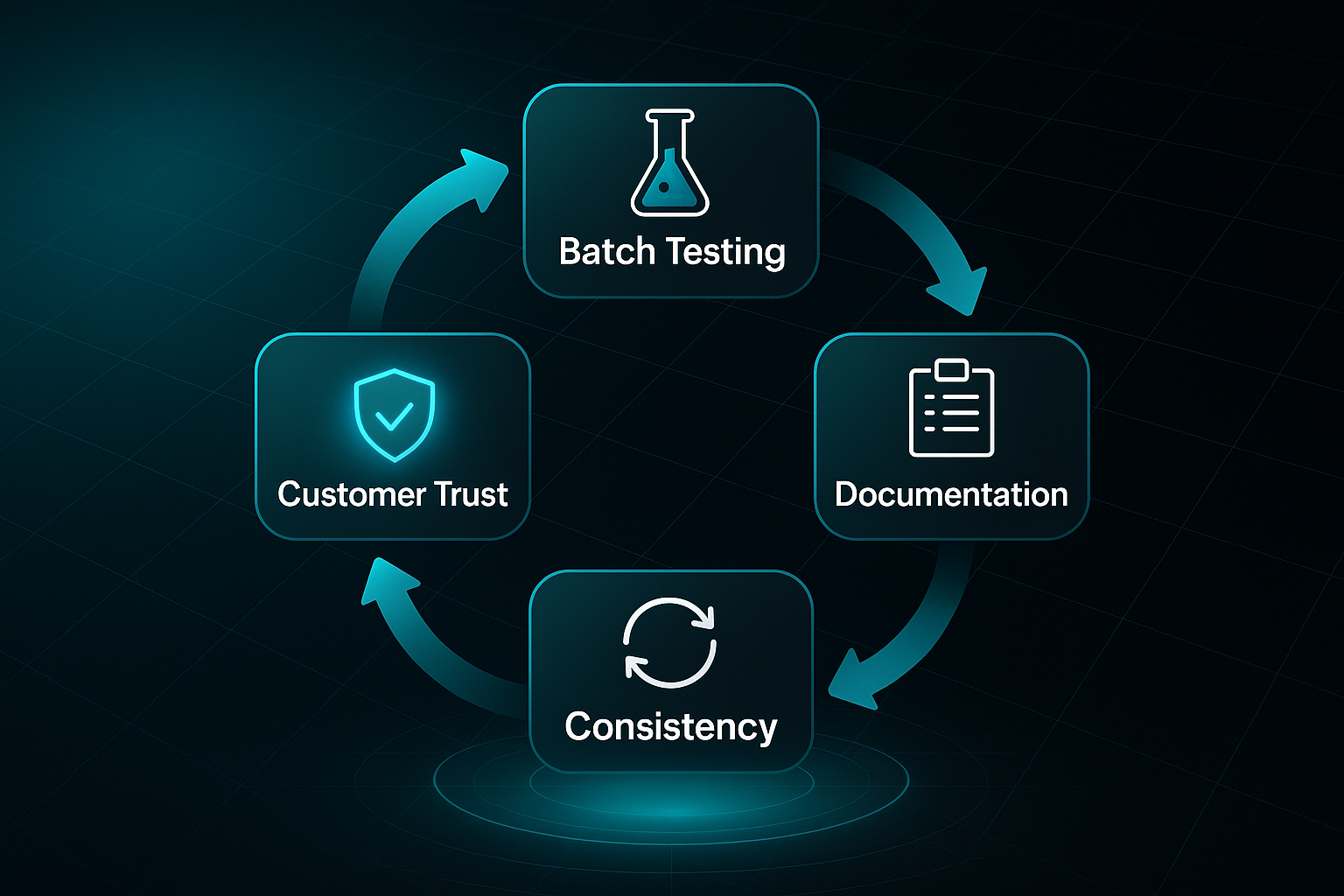 Futuristic infographic showing a circular flow diagram with icons for batch testing, documentation, consistency, and customer trust.