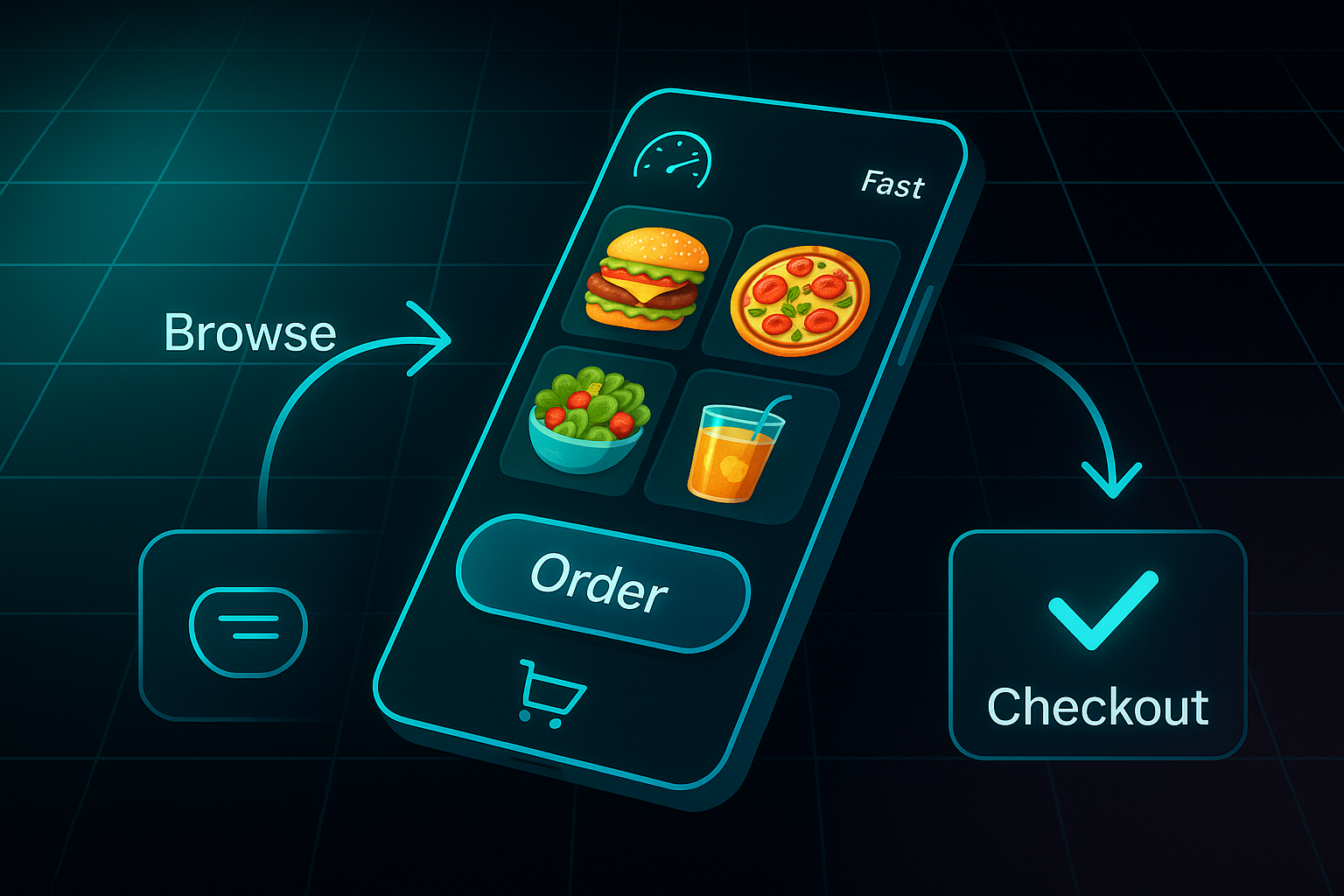 Futuristic infographic showing a smartphone with a food e-commerce app, labeled arrows for browsing and checkout, and a glowing checkmark.