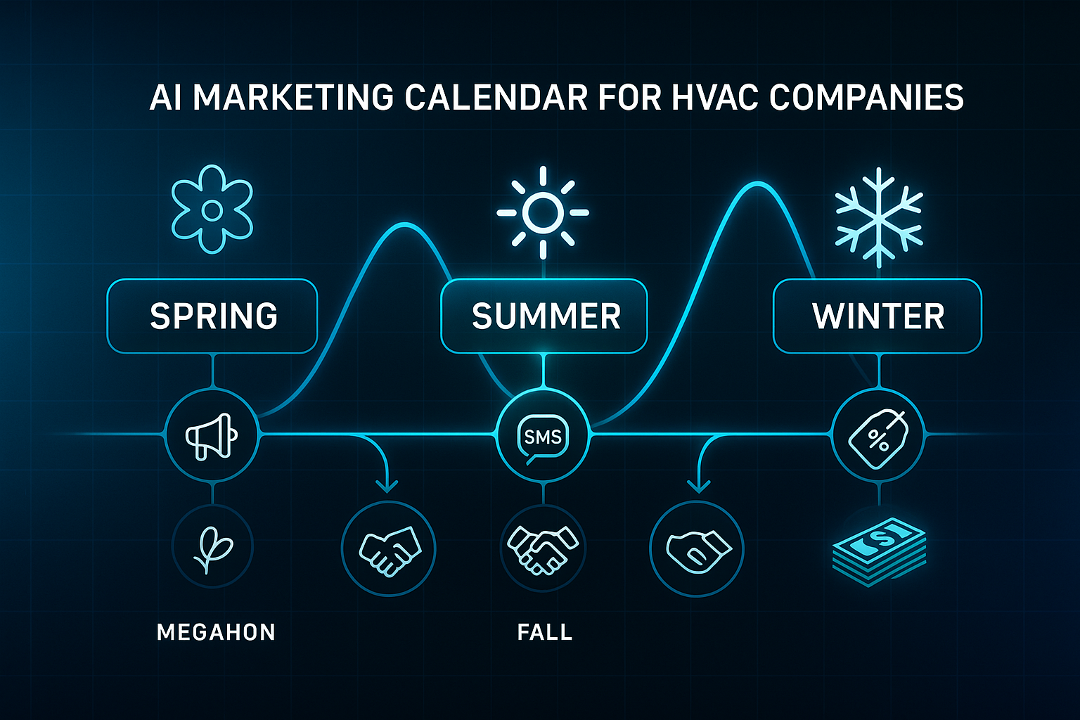 Futuristic infographic showing a seasonal marketing calendar for HVAC with timeline, weather icons, campaign symbols, and demand graph.