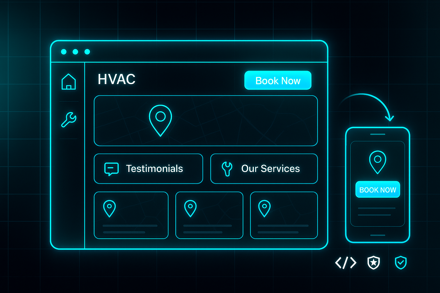Futuristic infographic showing a holographic HVAC website blueprint with desktop and mobile wireframes, navigation icons, and CTA buttons.