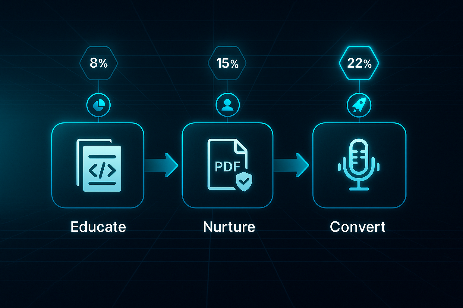 Horizontal infographic with a glowing tech timeline showing three stages: Educate, Nurture, Convert, each with icons and conversion rate badges.