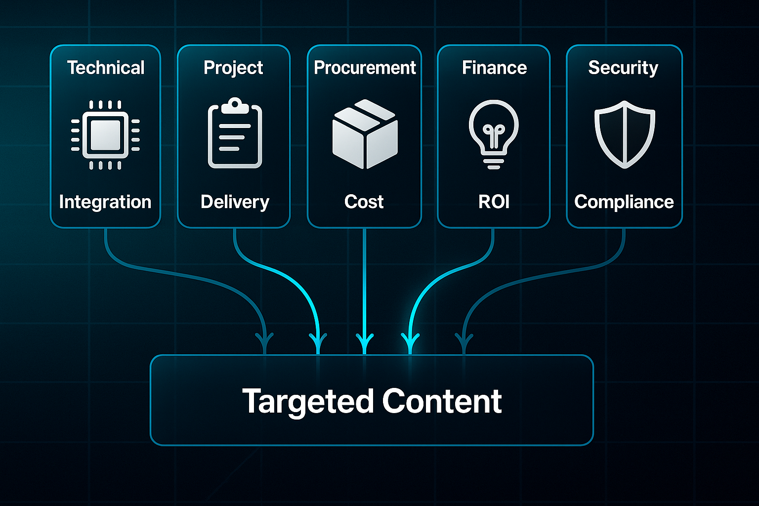 Infographic with six labeled swimlanes for Technical, Project, Procurement, Finance, CIO, and Security roles, each with icons and priority callouts, arrows mapping to a 'Targeted Content' container.