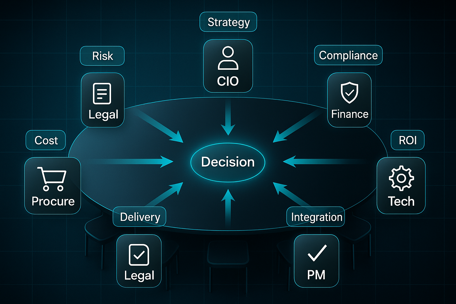 Infographic showing a glass conference table with seven labeled seats and callouts, all arrows converging on a central "Decision" node.
