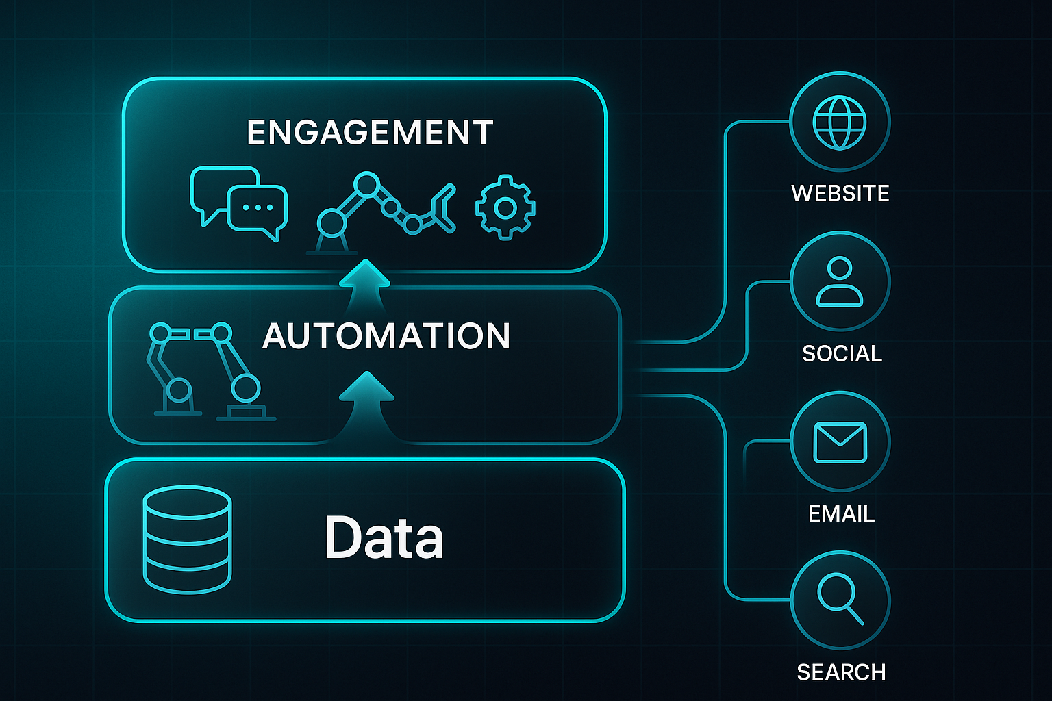 Infographic showing a three-layered martech stack labeled Data, Automation, and Engagement, with icons and customer journey path.