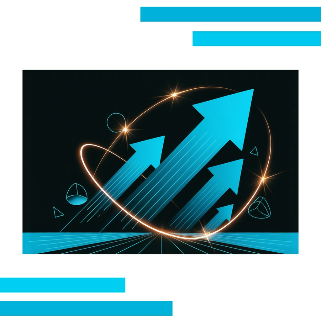 Bright blue arrows increasing in size, layered over a dynamic black and white background with glowing energy trails and geometric shapes.