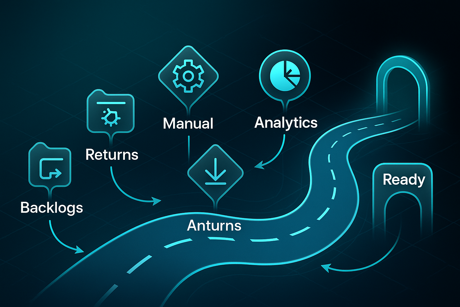 Infographic showing a holographic road with five labeled glass signs: Backlogs, Manual, Returns, Analytics, Tools, leading to Ready gate.