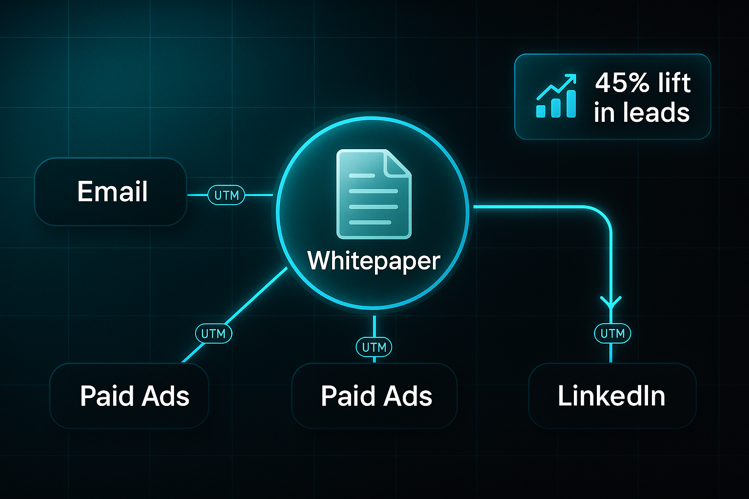 Infographic with a central glassmorphic "Whitepaper" hub connected by glowing spokes to "Email," "Paid Ads," and "LinkedIn" nodes.