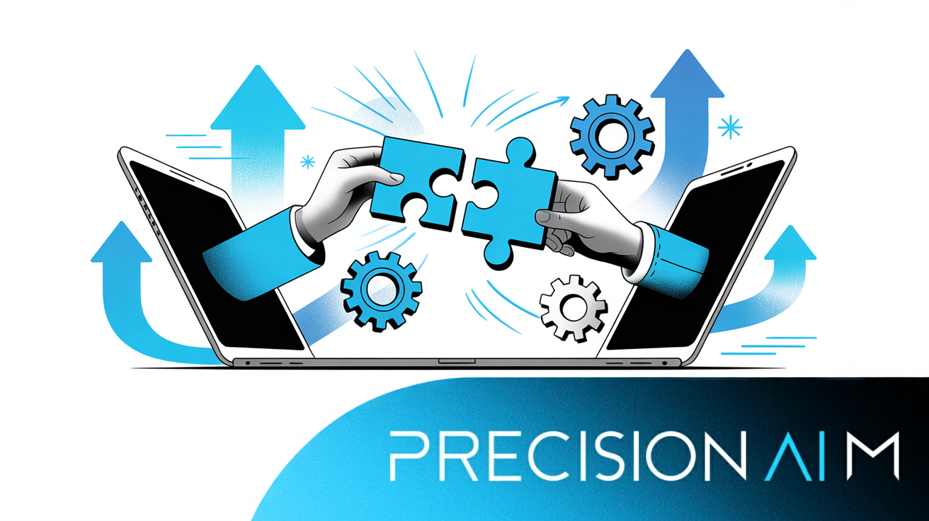 Two stylized hands exchange a glowing blue puzzle piece, one from a laptop and one from a smartphone, with floating digital icons.
