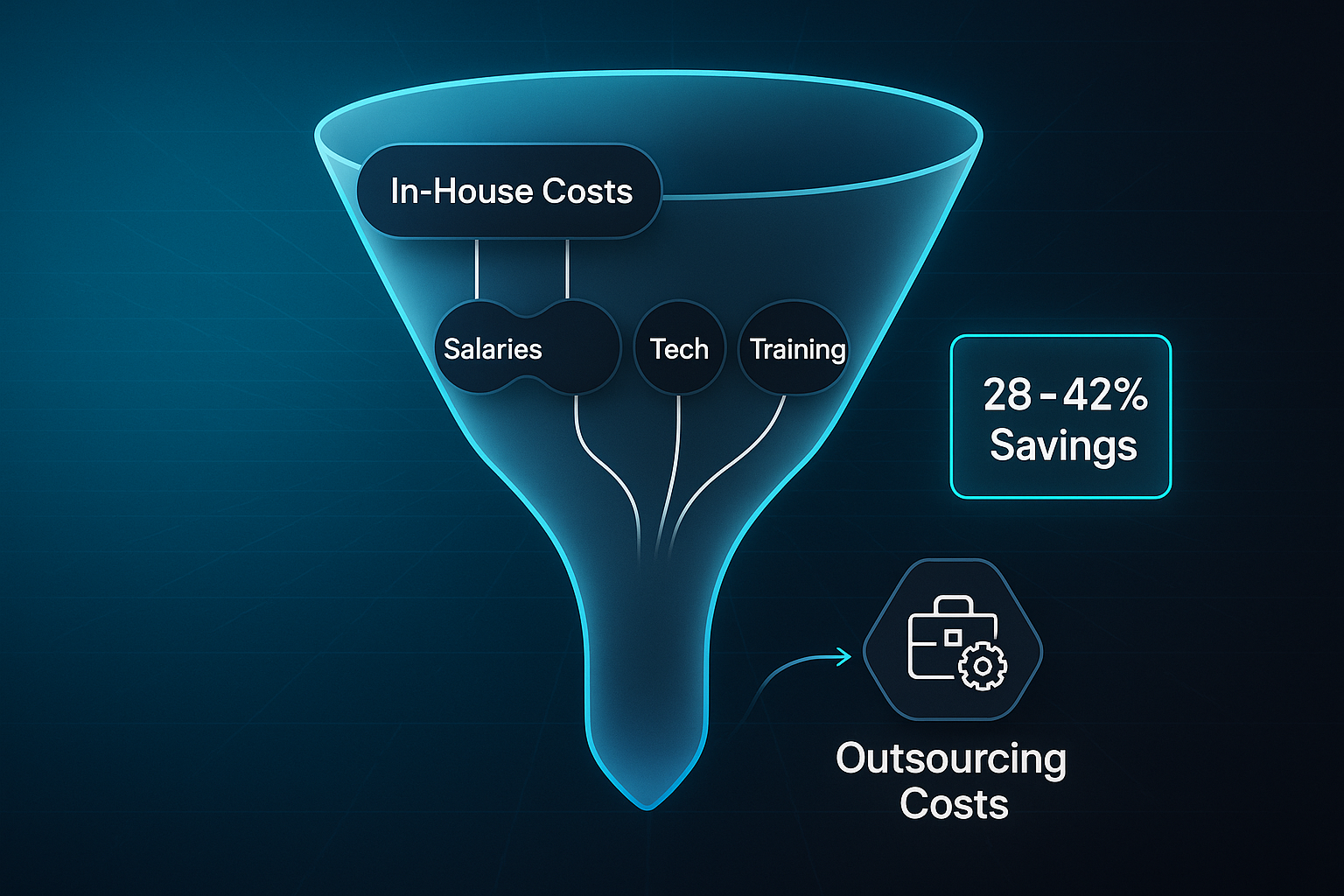 Infographic showing a glass funnel comparing in-house costs and outsourcing costs, with labeled nodes and a 28–42% savings annotation.