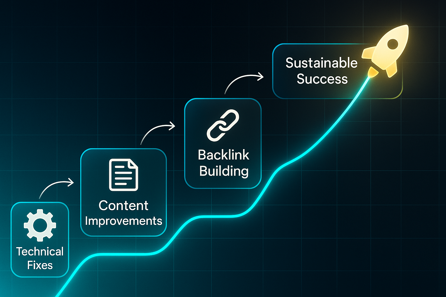 Infographic showing a glowing upward path with four milestone containers labeled Technical Fixes, Content Improvements, Backlink Building, and Sustainable Success.
