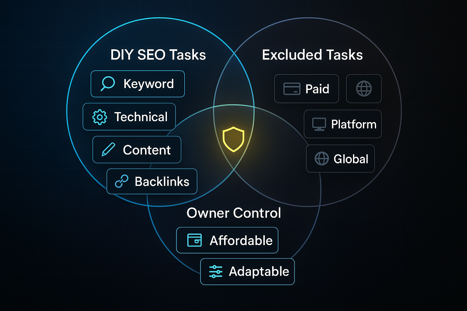 Infographic with a Venn diagram showing DIY SEO tasks, excluded tasks, and owner control, each with labeled icons.