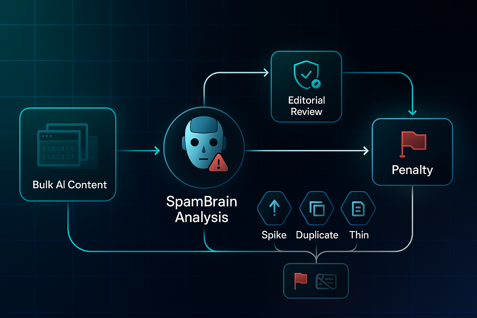 Futuristic infographic showing Google’s scaled content abuse detection pipeline with labeled flowchart and glowing tech elements.