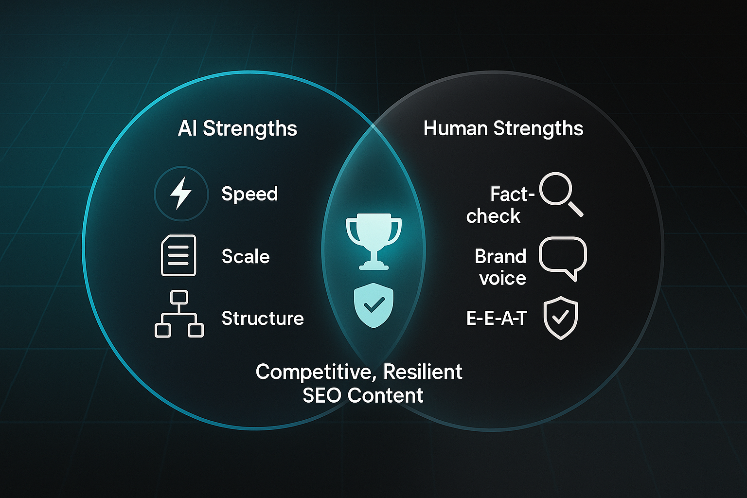Infographic with a glass-morphism Venn diagram showing AI strengths, human strengths, and their overlap for resilient SEO content
