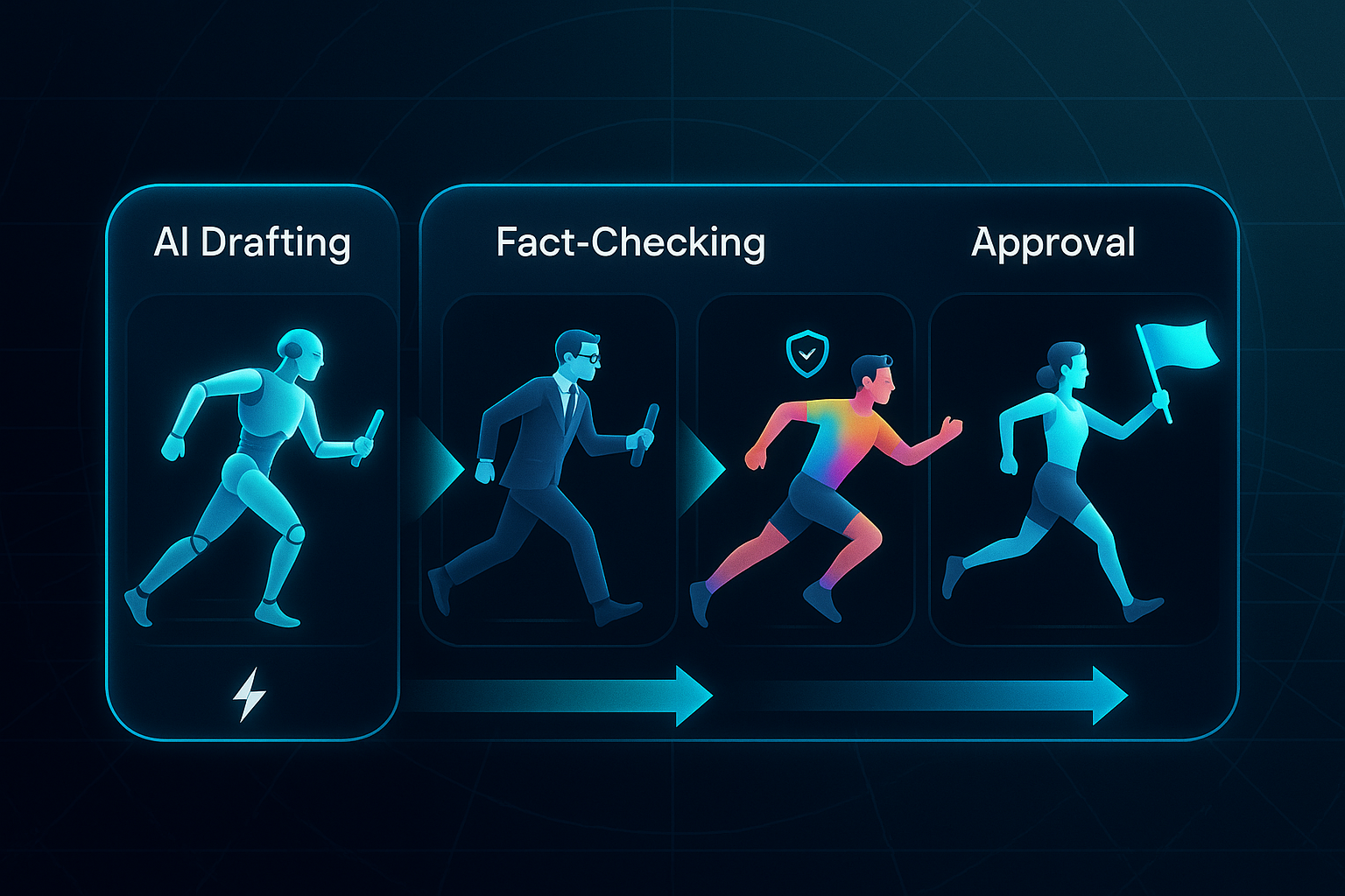 Infographic of a futuristic relay race showing four stages: AI Drafting, Fact-Checking, Brand Voice, and Approval, with stylized runners.