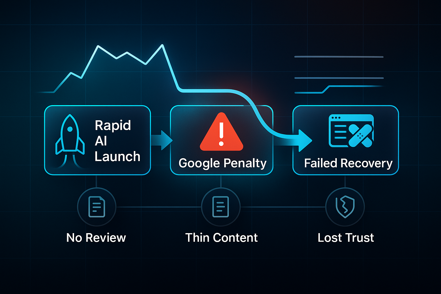 Horizontal infographic showing a three-stage timeline: rocket launch, Google penalty warning, and failed website recovery, with labeled icons and traffic graphs.
