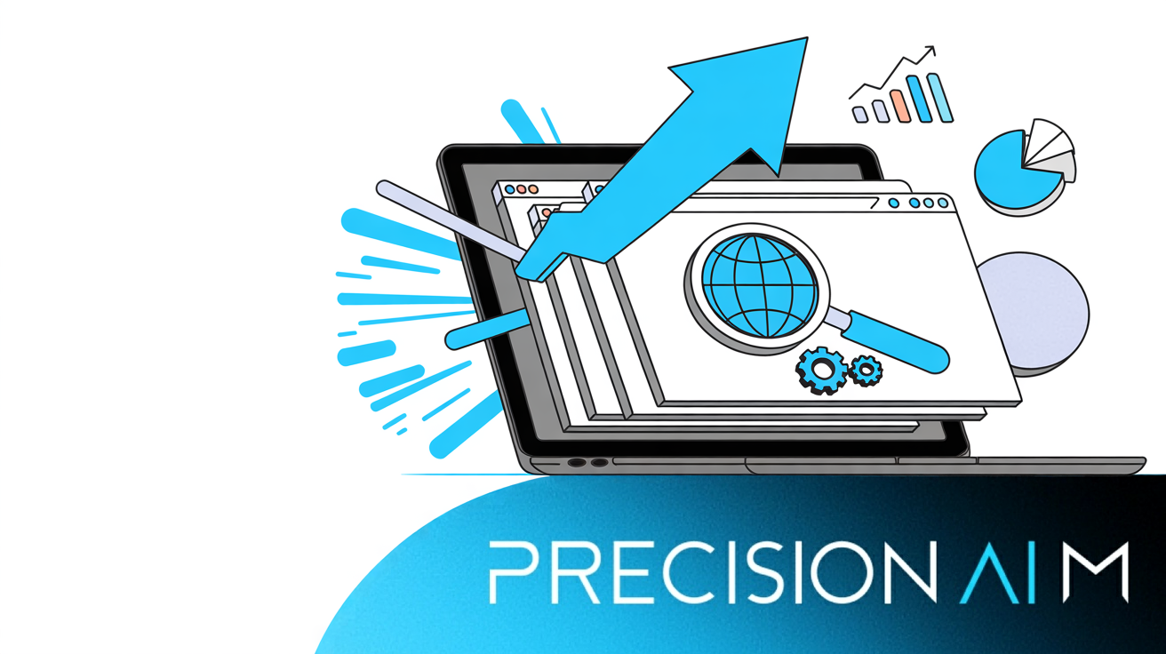 Laptop displaying layered browser windows with upward arrows, magnifying glass over globe, gears, and floating charts on white background