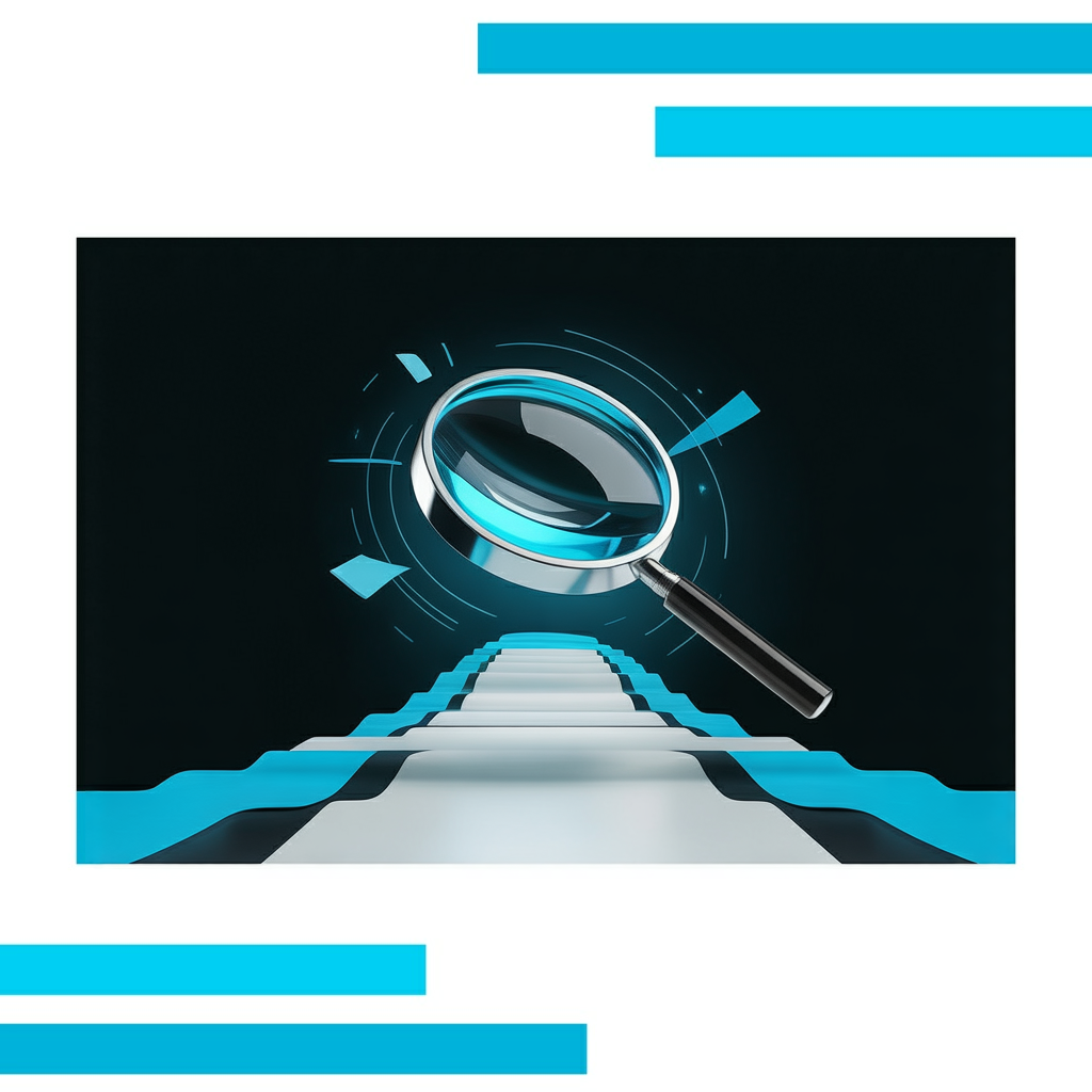 Magnifying glass with glowing blue rim hovers over modern black and white website interface with flowing blue arc and geometric shapes