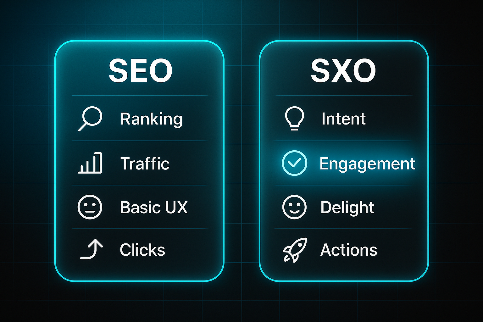 Infographic comparing SEO and SXO features side by side, with icons and highlighted SXO engagement row.