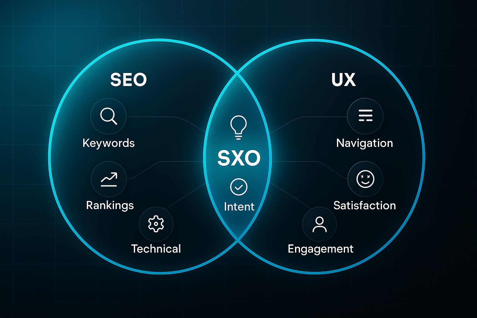 Infographic with a glowing Venn diagram showing SEO and UX circles overlapping at SXO, each with labeled icon nodes.