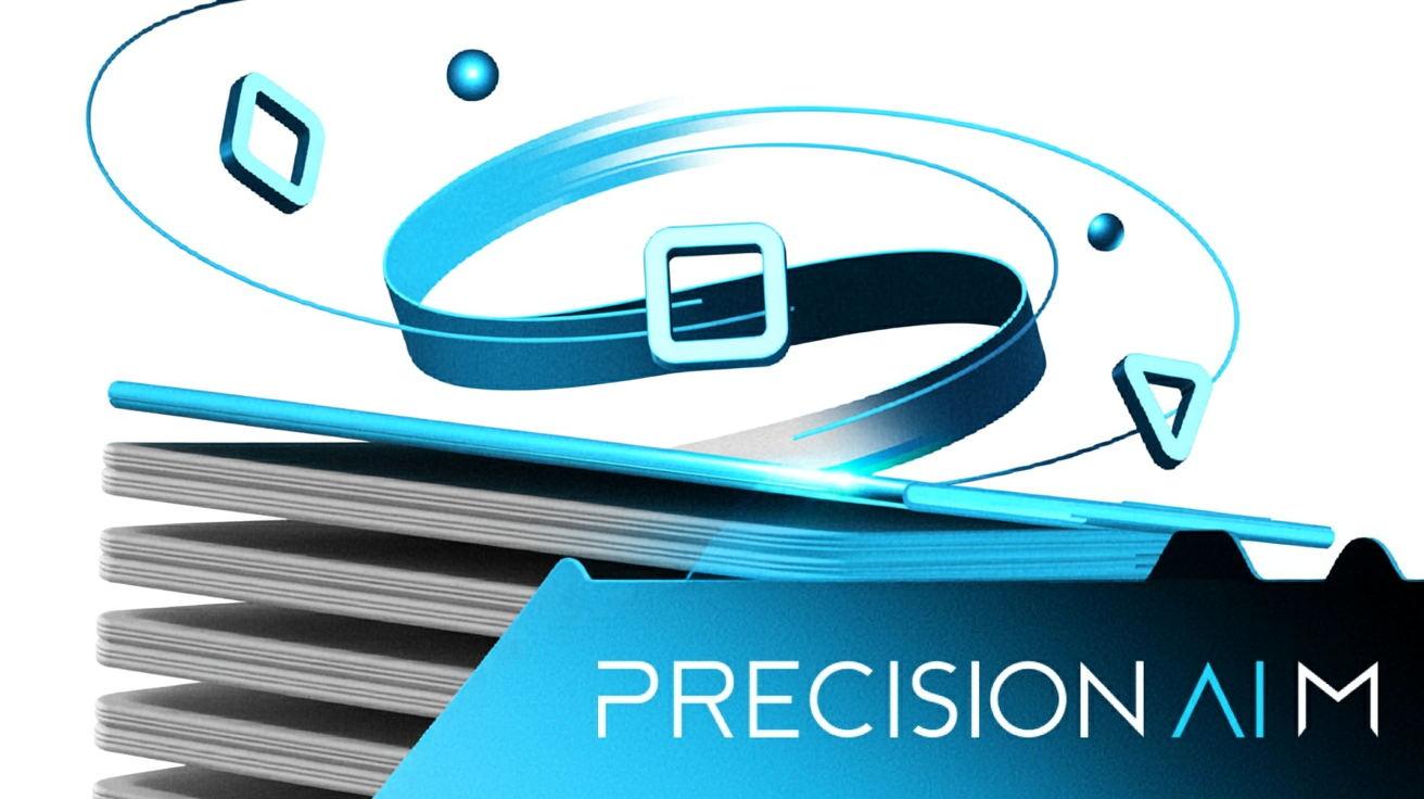 Futuristic clipboard with glowing blue edges layered over stacked digital pages, surrounded by abstract blue and black lines and geometric icons