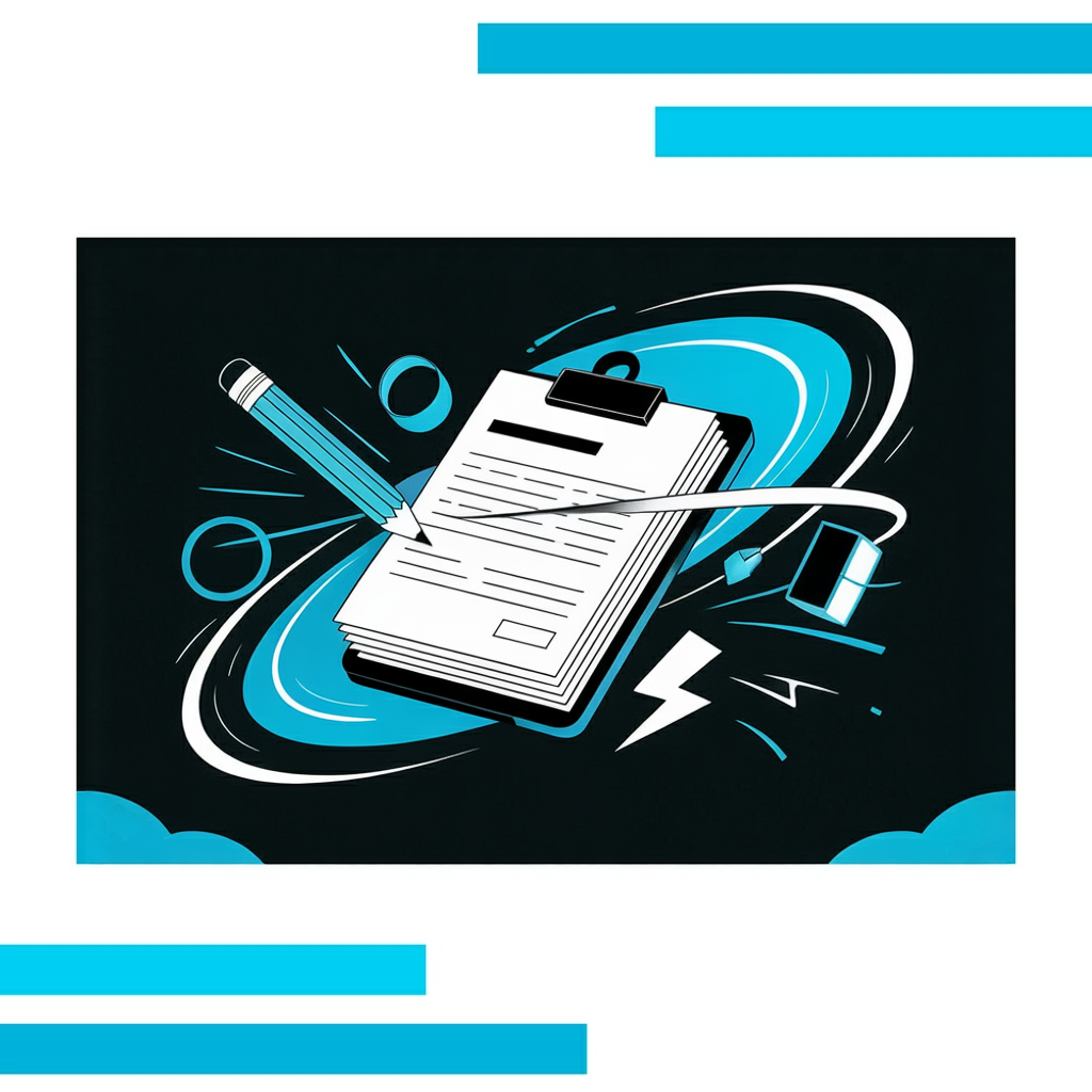 Stylized clipboard with layered papers, swirling blue and white lines, pencil and lightning icons on a charcoal background.