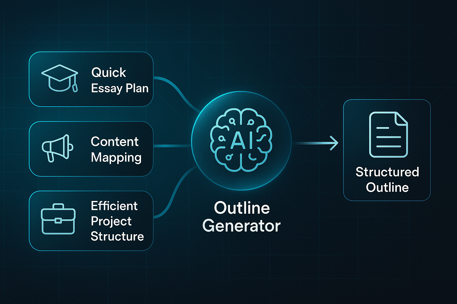 Infographic showing three personas—student, marketer, agency—connected by arrows to a central AI brain hub, leading to a structured outline document.