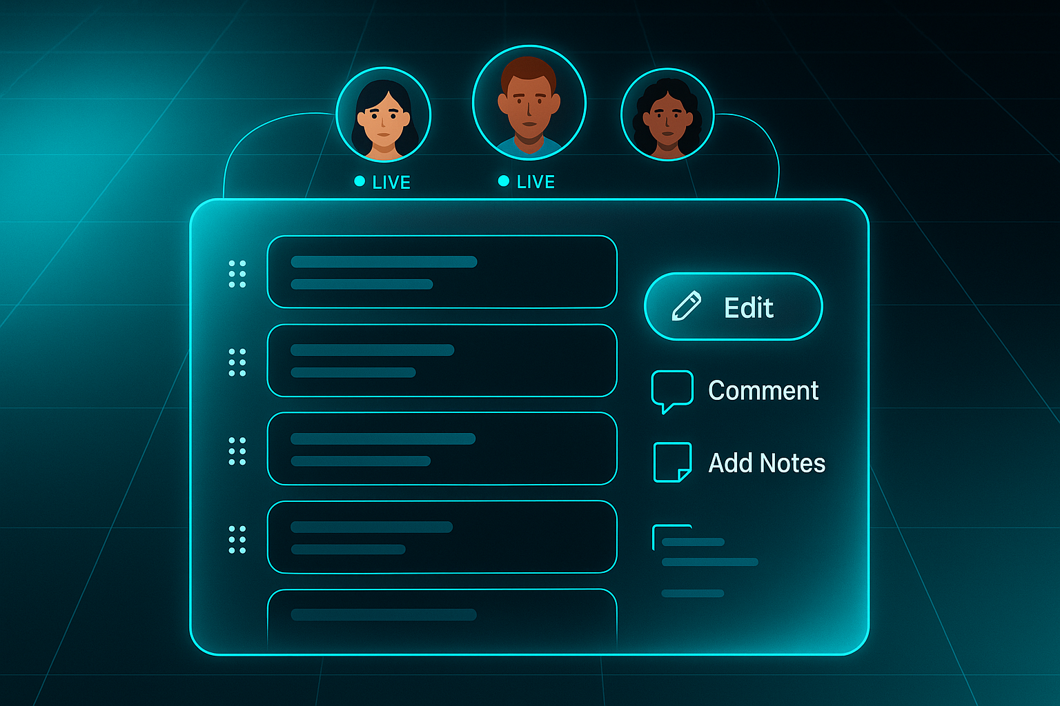 Infographic showing a futuristic glass panel with five draggable outline sections, edit and comment icons, and user avatars connected above.