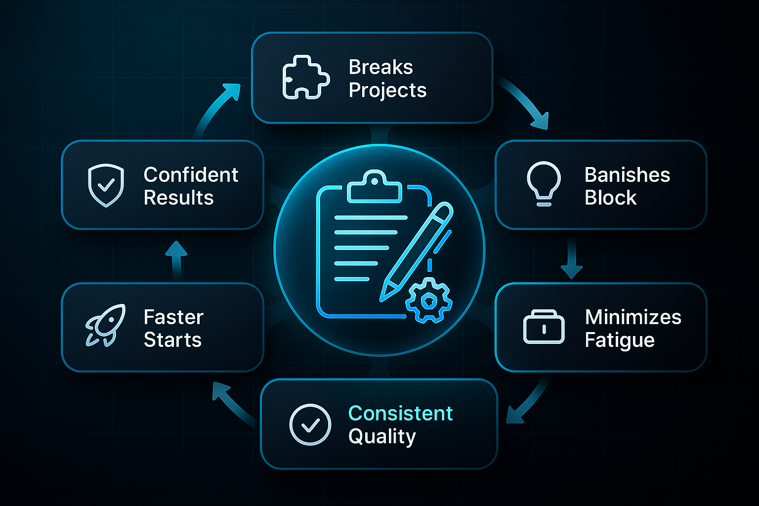 Infographic showing a central glowing clipboard icon with pen, surrounded by six labeled benefit segments in a wheel layout.