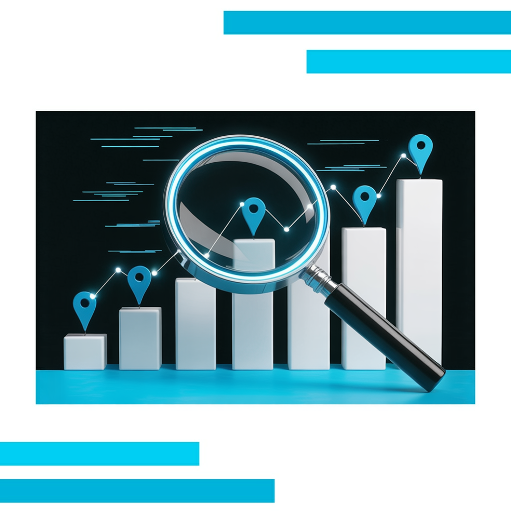 Magnifying glass with glowing blue rim hovers over ascending bar grid, highlighted by blue markers and luminous data lines.