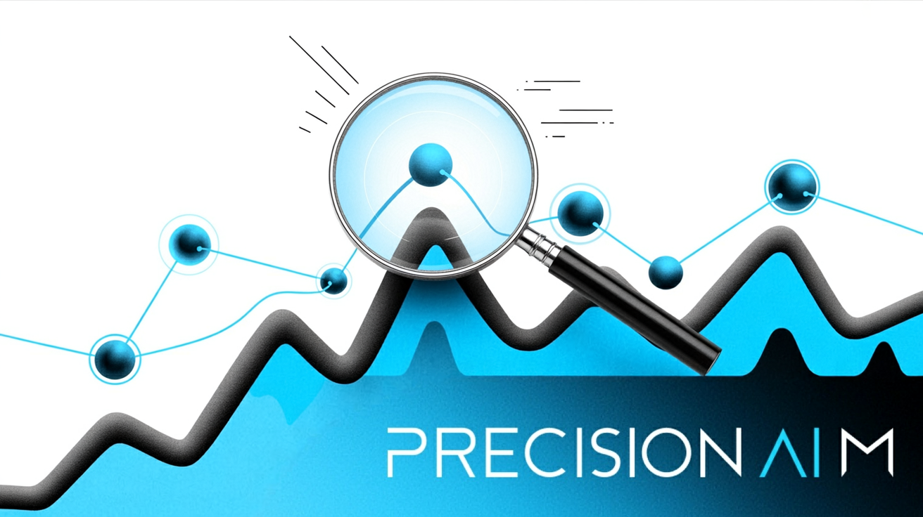 Magnifying glass analyzing a vibrant blue line graph with rising peaks and connected glowing network nodes.