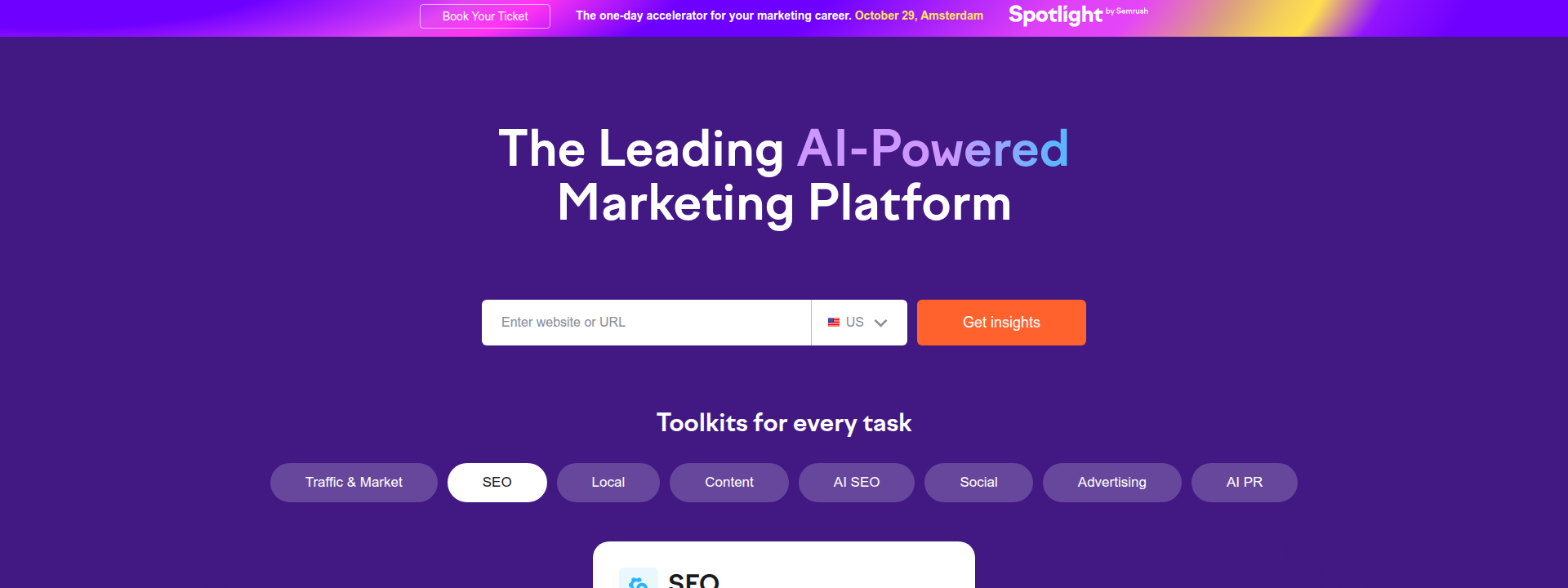 SEMrush homepage hero section displaying main information