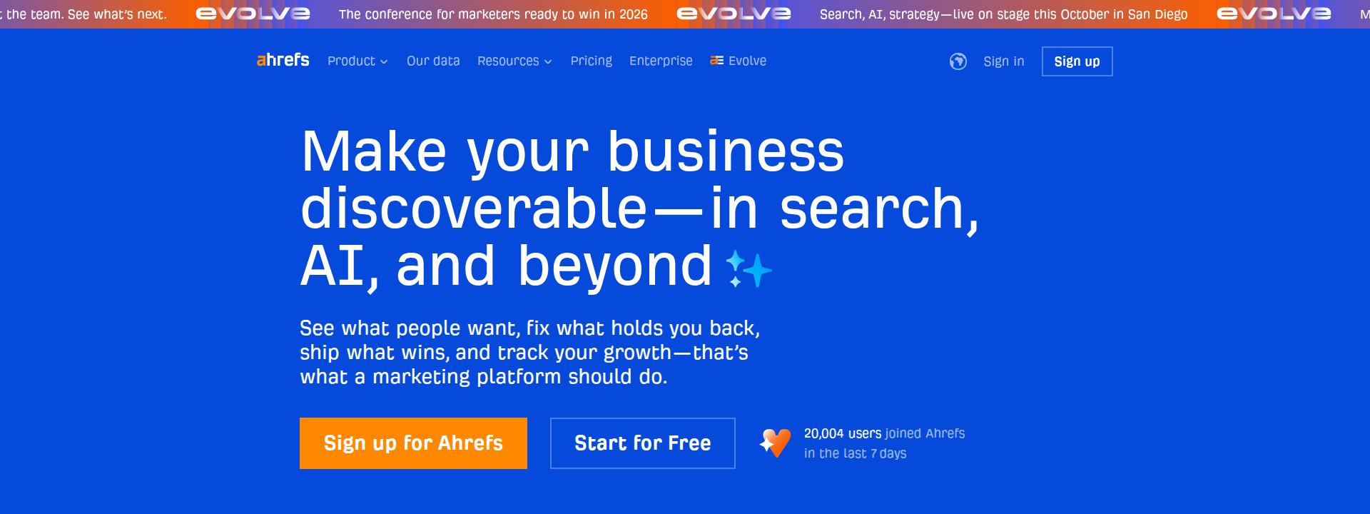 Ahrefs homepage hero section displaying main information