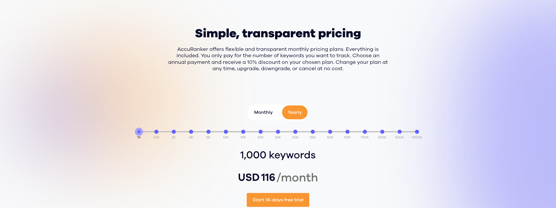 AccuRanker pricing page displaying pricing information