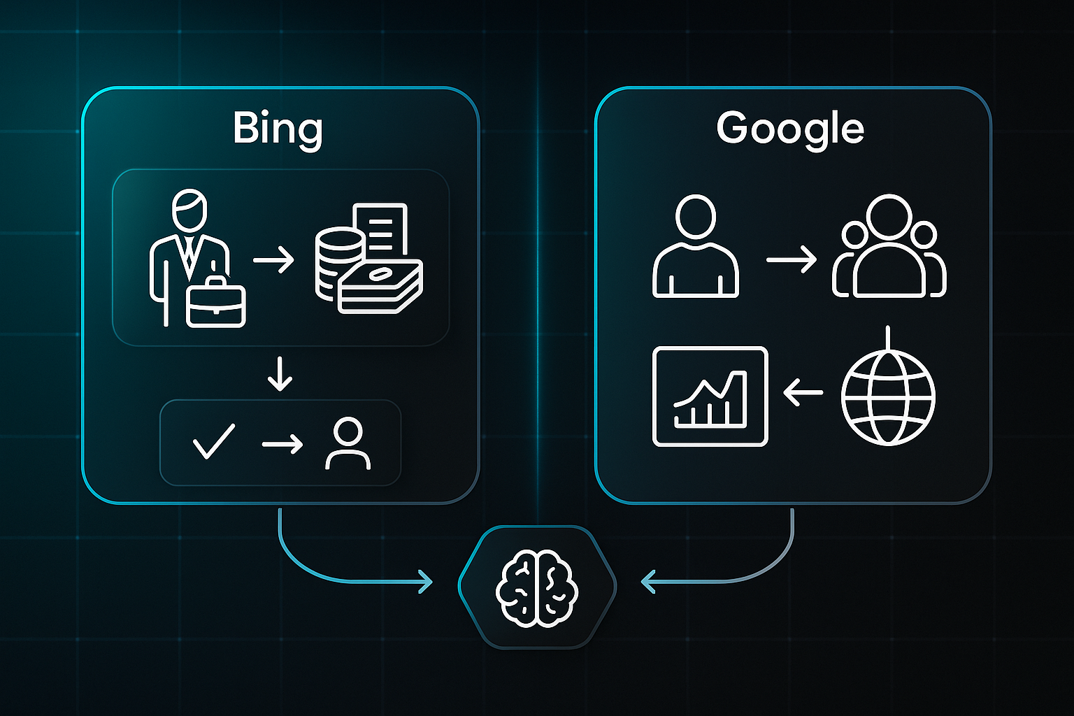 Infographic comparing Bing and Google features with icons for professionals, users, and data, separated by a glowing divider.