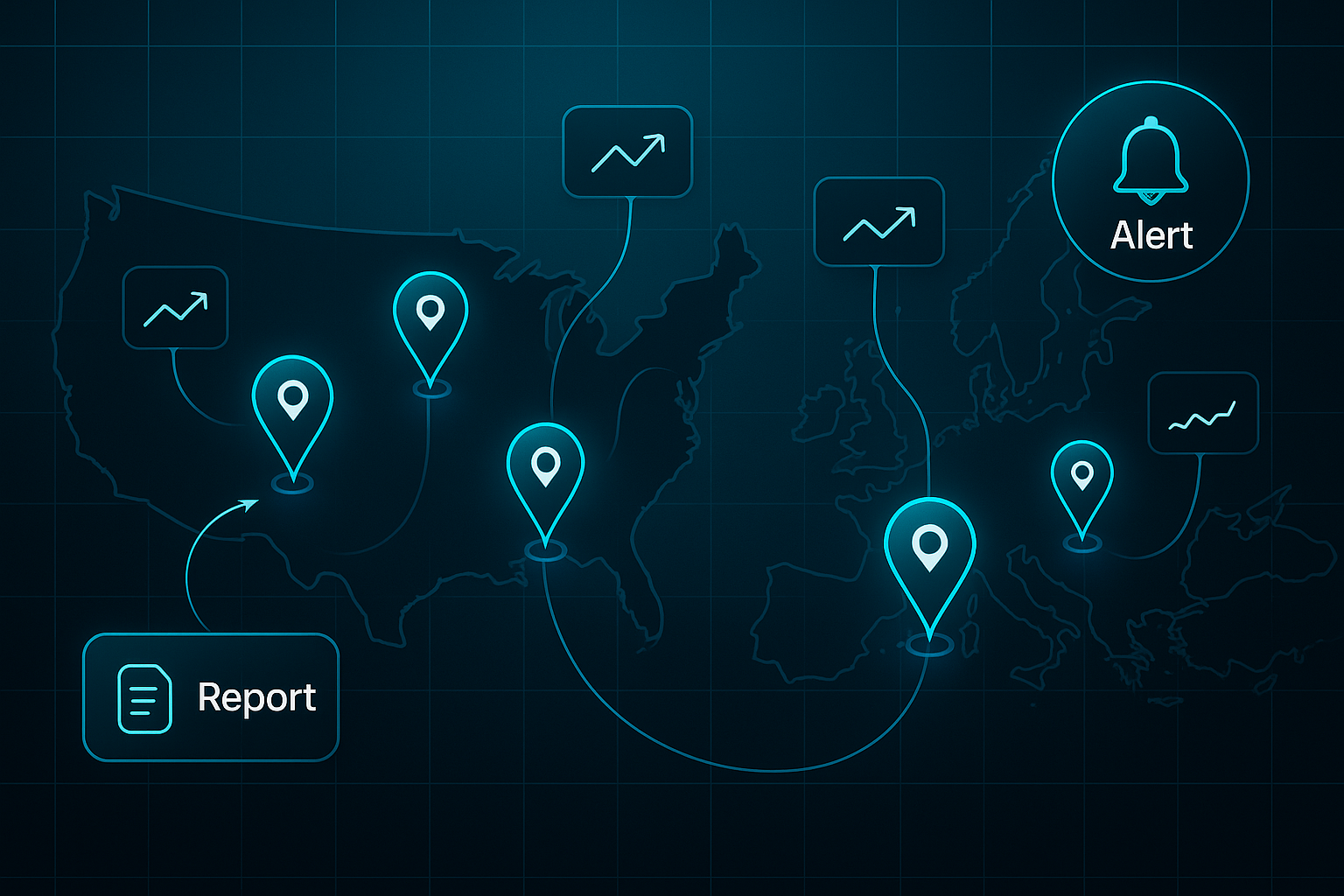 Infographic showing a dark map of the US and Europe with glowing location pins, trend lines, and labeled Alert and Report icons.