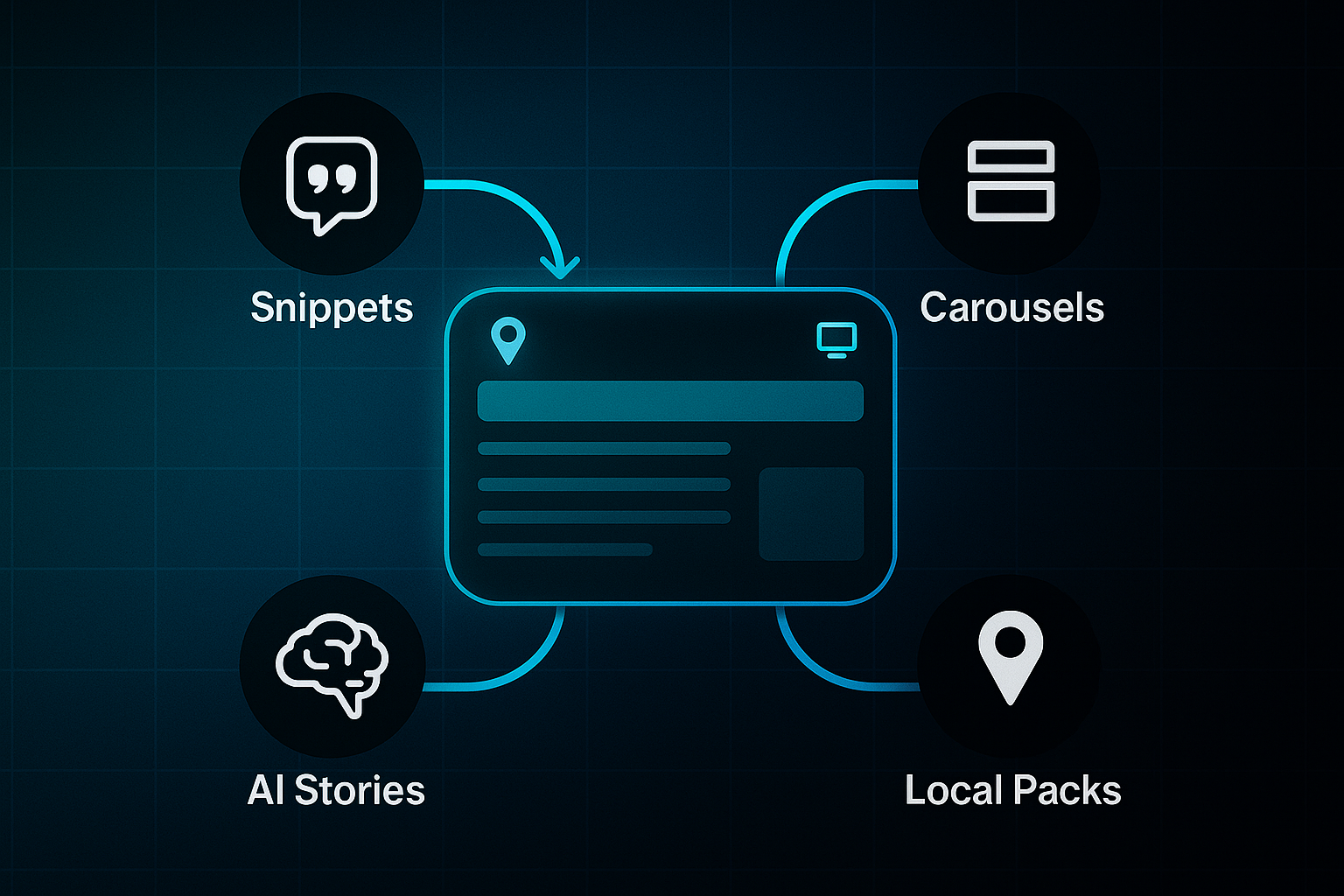 Futuristic infographic showing a central abstract SERP with four feature icons labeled Snippets, Carousels, AI Stories, and Local Packs.