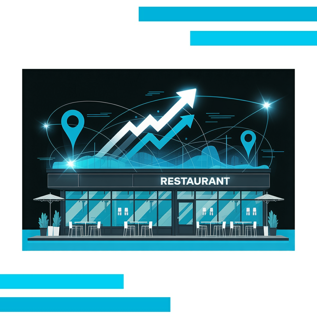 Modern restaurant storefront with glass windows, outdoor seating, and glowing arrows suggesting growth and digital connectivity