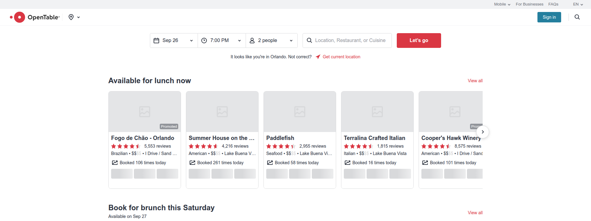 OpenTable homepage hero section displaying main information